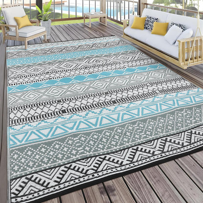 GarveeLife Outdoor Patio Rug 9x18 Waterproof Plastic Straw Rug, Reversible UV Resistant Foldable Camping Carpet Portable Modern Geometric Outdoor Floor Mat for Rv, Backyard, Blue/Grey
