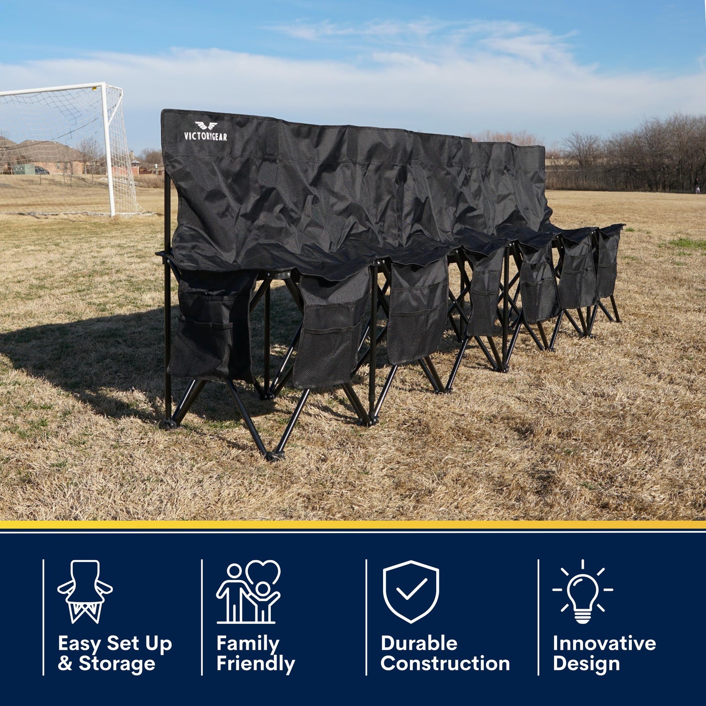 VictoryGear Portable Soccer Bench – 6 Seat Folding Team Chair with 8 Pockets & Carrying Bag – Lightweight Sideline Seating for Soccer, Baseball, Camping, Outdoor Events