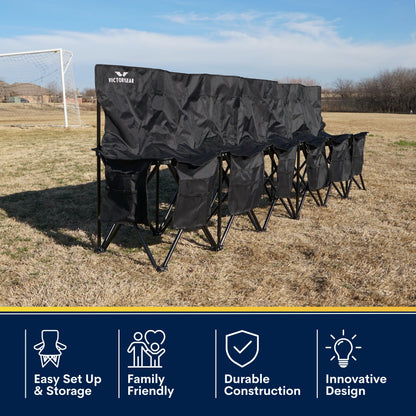 VictoryGear Portable Soccer Bench – 6 Seat Folding Team Chair with 8 Pockets & Carrying Bag – Lightweight Sideline Seating for Soccer, Baseball, Camping, Outdoor Events