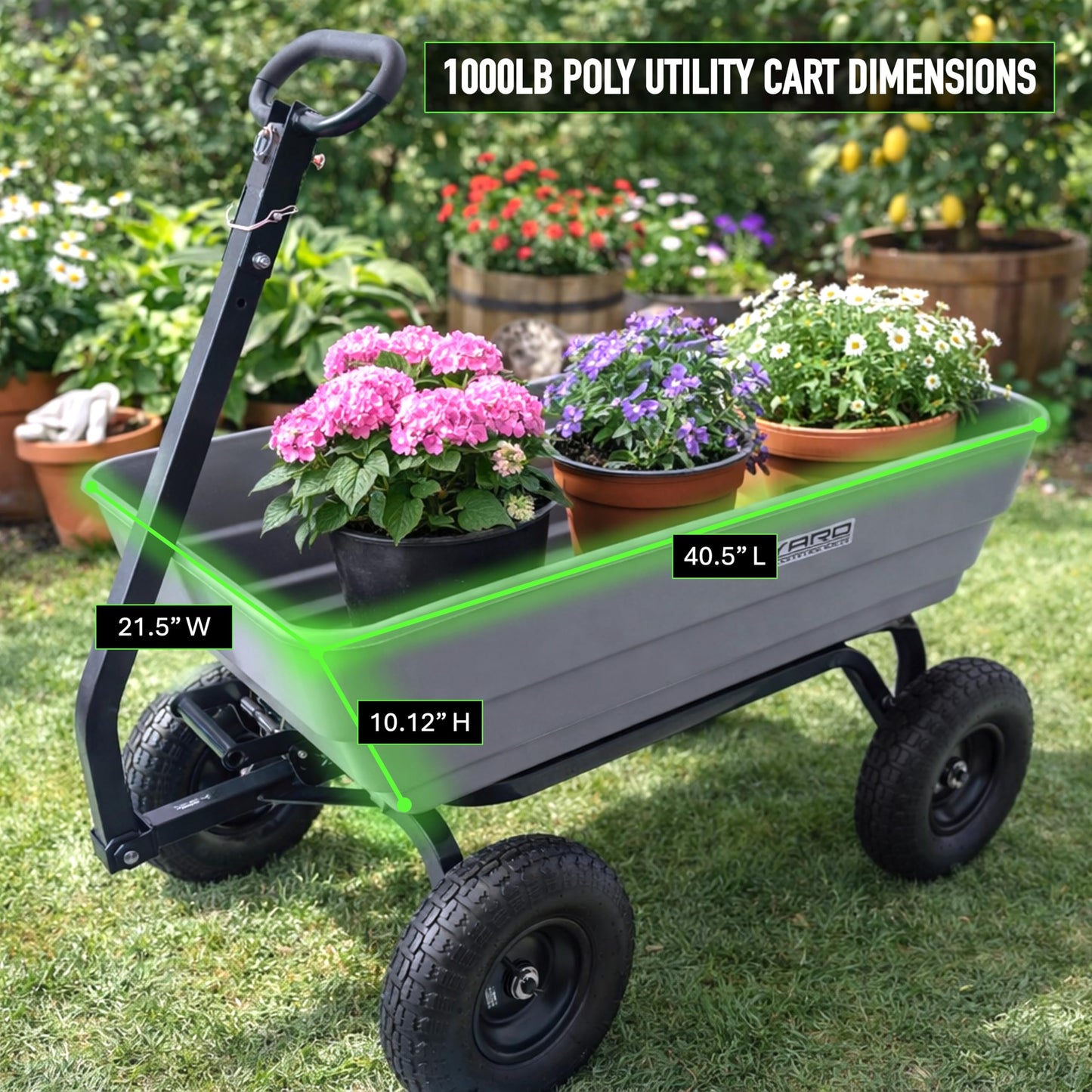 Yard Commander - 1000 lb Poly Dump Cart, Heavy Duty Towable Garden Utility Cart with 6 Cu. Ft. Dump Bed, 13-Inch Pneumatic All-Terrain Tires, 2-in-1 Handle, Tow-Behind ATV & Lawn Tractor Cart