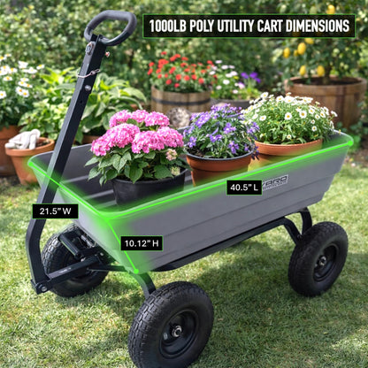 Yard Commander - 1000 lb Poly Dump Cart, Heavy Duty Towable Garden Utility Cart with 6 Cu. Ft. Dump Bed, 13-Inch Pneumatic All-Terrain Tires, 2-in-1 Handle, Tow-Behind ATV & Lawn Tractor Cart