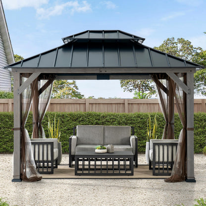 SUNJOY 10x12 Hardtop Wood Gazebo with Galvanized Steel Roof, LED String Lights & Mosquito Netting, Outdoor Permanent Pavilion Cedar Gazebo for Backyard, Garden, Patio, Deck, Lawn - Matte Black Roof
