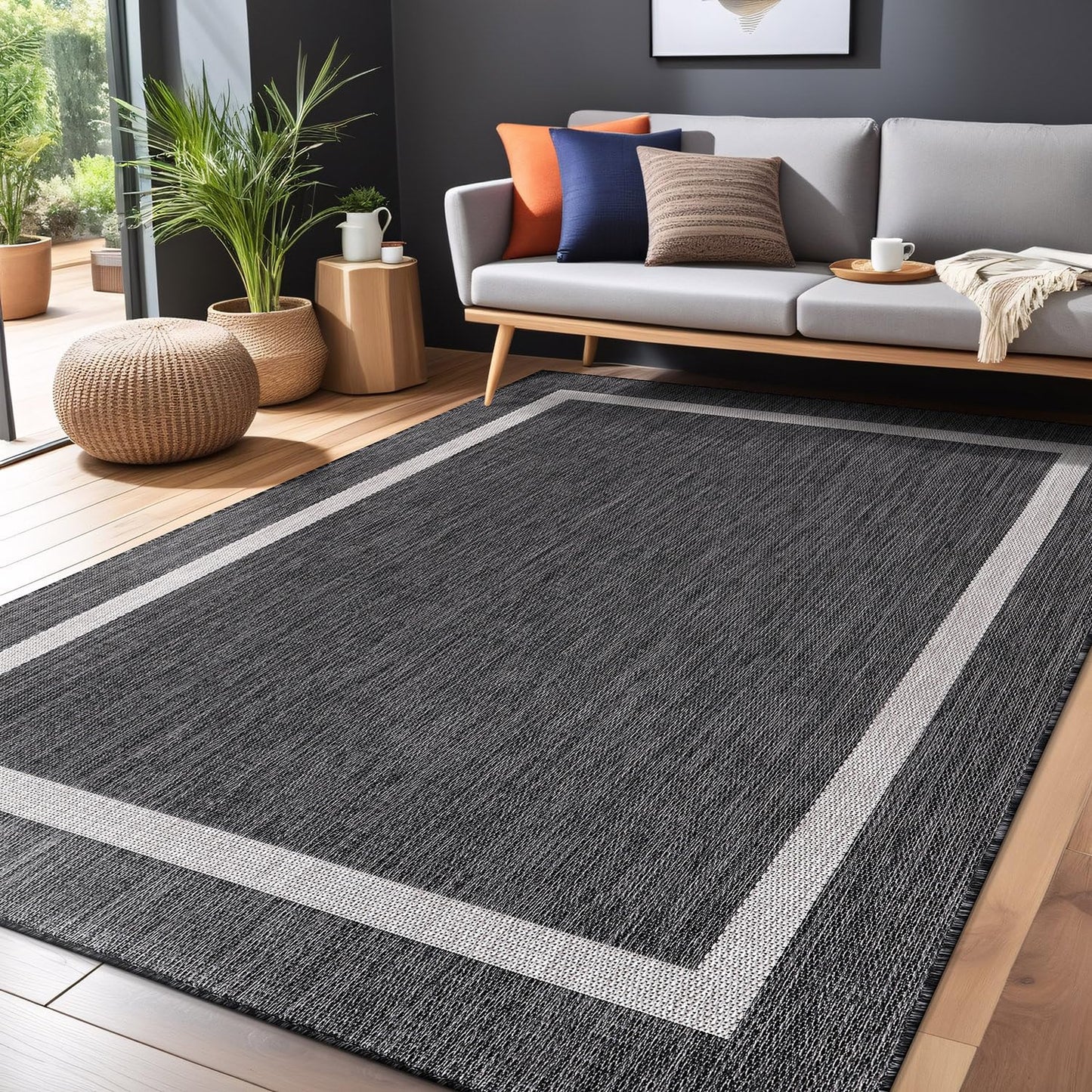 Luul Home Bordered Outdoor Rug 9x12 Washable Outside Carpet for Indoor Patio Porch Waterproof Easy Cleaning Non Shedding Area Rugs Gray 9 x 12