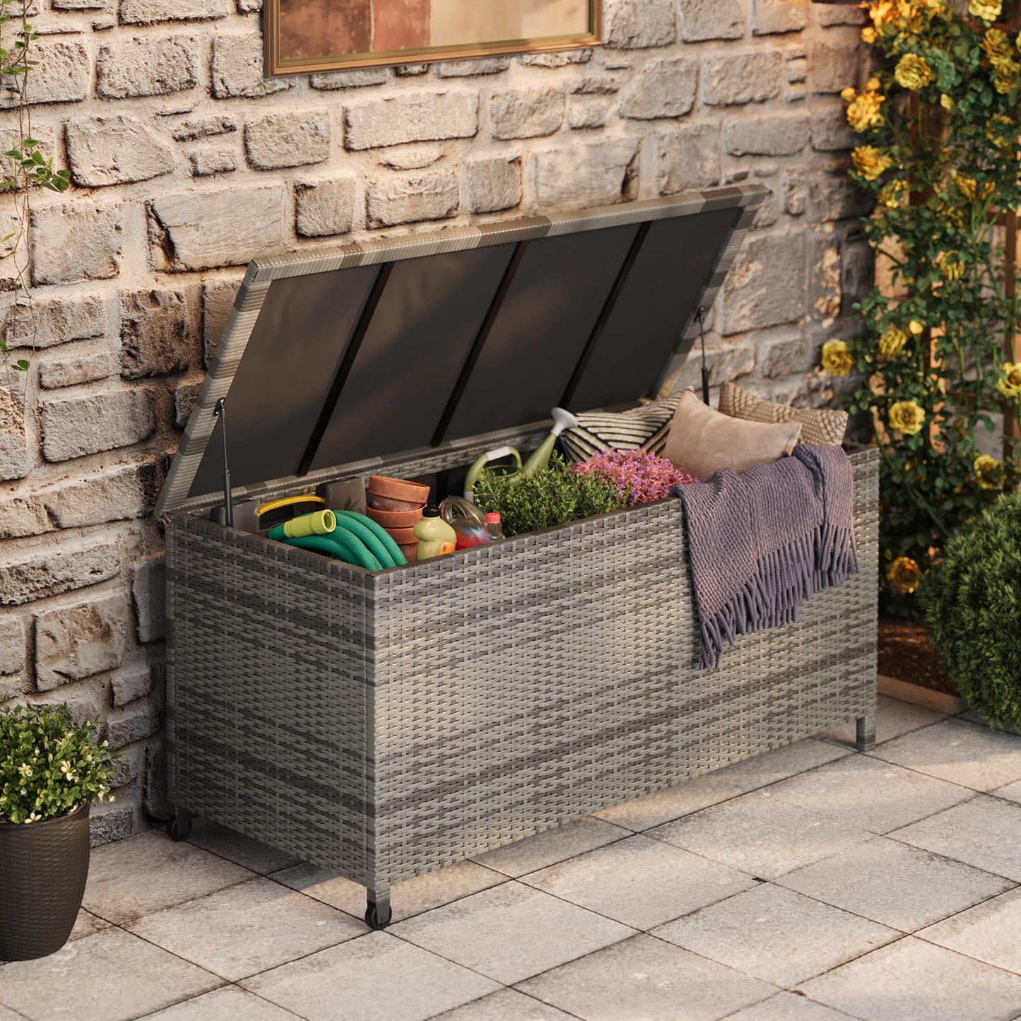 125 Gallon Outdoor Deck Box with Wheels, Waterproof PE Wicker Rattan & Aluminum Frame Storage Bin for Patio Cushions, Garden Tools, Pool Toys, Lockable Patio Furniture(Gray)