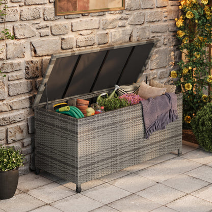 125 Gallon Outdoor Deck Box with Wheels, Waterproof PE Wicker Rattan & Aluminum Frame Storage Bin for Patio Cushions, Garden Tools, Pool Toys, Lockable Patio Furniture(Gray)