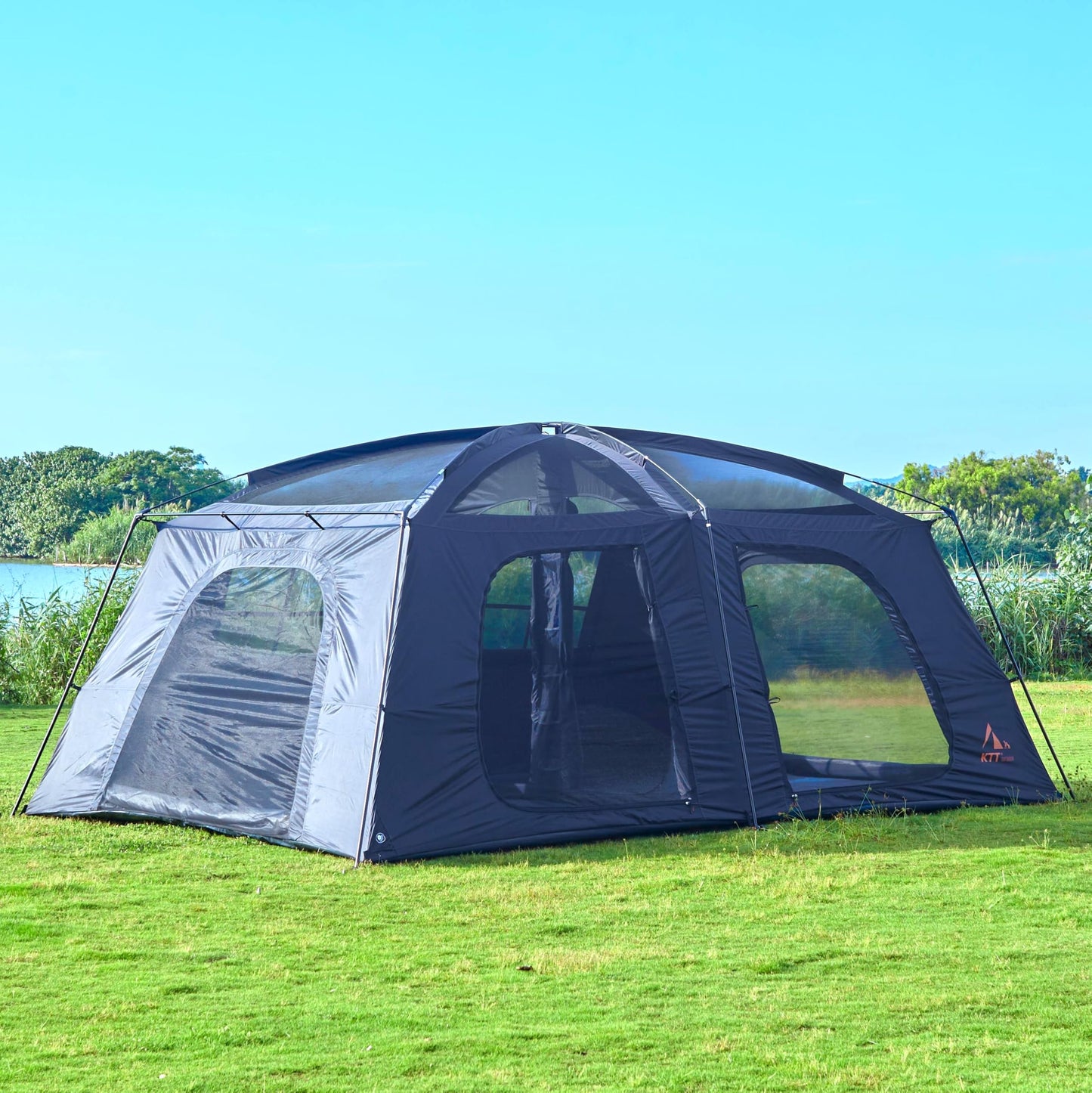 KTT Extra Large Tent 12-14 Person,Family Cabin Tents,2 Rooms,Straight Wall,2 Doors 4 Windows with Mesh,Waterproof,Straight Wall,Big Tent for Outdoor,Picnic,Camping,Gathering(Black)