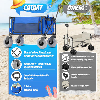 Beach Wagon with Big Wheels for Sand, 350lbs Heavy Duty Folding Wagon, Oversized 180L, 9" PVC All-Terrain Wheels, Adjustable Handle, Cooler & Storage Bags for Beach, Camping & Outdoor Sports (Blue)