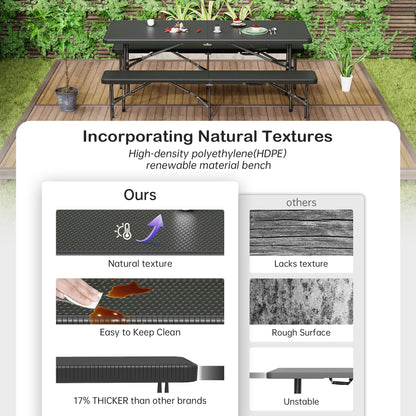 VSOAEIL 6 Foot Folding Picnic Table Set with 2 Benches, Camping Table Chair Set, HDPE Rattan Pattern Top, 3-Piece Portable Indoor Outdoor Furniture with Safety Locks & Handle for Party Camping, Black