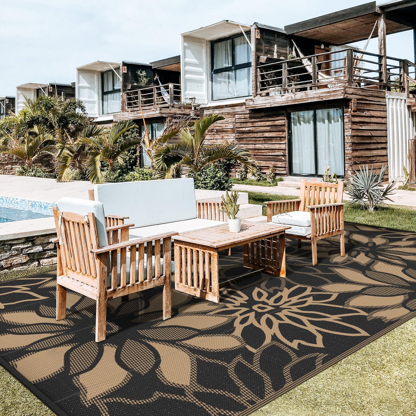 GENIMO Outdoor Rug Waterproof for Patio Decor, 10' x 20' Reversible Plastic Straw Floral Camping Carpet, Large Area Rugs Mats for RV, Camper, Deck, Balcony, Porch, Beach, Picnic, Black & Brown