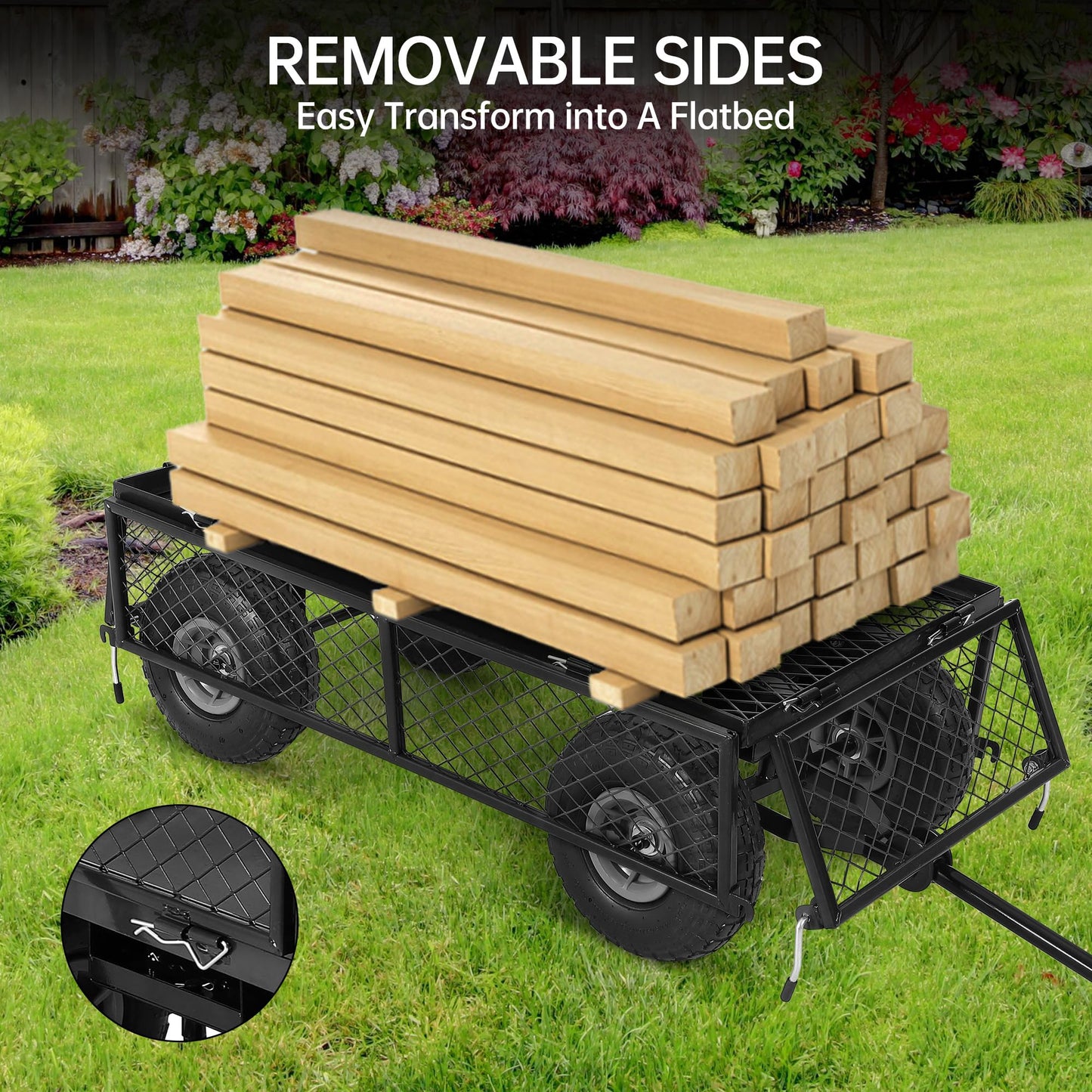 Steel Garden Cart, 500 Lbs Heavy-Duty Garden Wagon Cart Pullable on Wheels,Metal Yard Utility Wagon Carts with Removable Cart Liner, Black