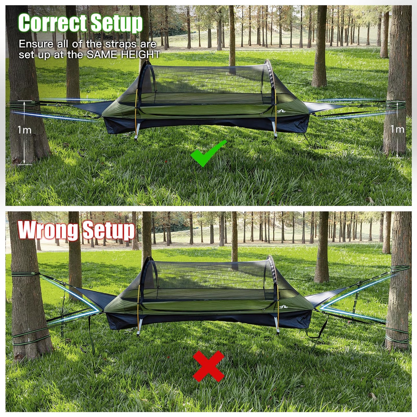 Night Cat Upgraded Flat Lay Hammock Tent Combo with Sleeping Pad Non Rolling for 1 Person Adults 330LBS 87x28x19in