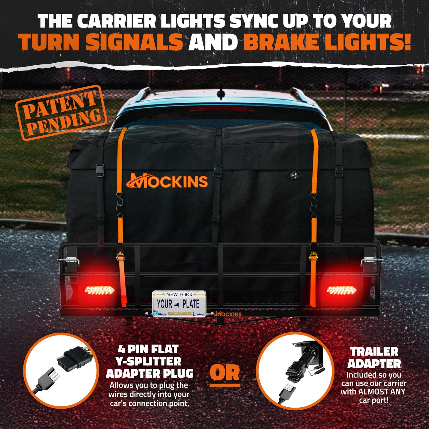 Mockins 66"x30"x14" XL High Rail Trailer Hitch Cargo Carrier w/ 45 CuFt Waterproof Cargo Bag for Hitch Carrier | 500 Lbs Cap Folding Luggage Rack for SUV Car Truck w/Rear Lights, Plate Bracket & More