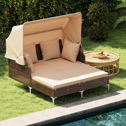 Tangkula Outdoor Rattan Daybed with Retractable Canopy, Boho Patio Wicker Sunbed with Metal Support, Pillows & Cushions, Outdoor Double Chaise Lounge with Shade for Backyard, Poolside, Deck & Balcony