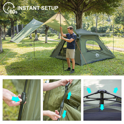 Night Cat 3-Person Camping Tent: Waterproof Instant Cabin Tent with Canopy Tarp for Family, 2-in-1 Canopy Tent with Porch Easy Setup