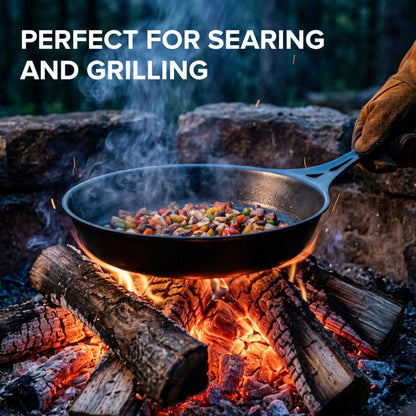 SOLIDTEKNICS 11" Outdoor Skillet Set – Naturally Seasoned Australian Iron Skillet with Stainless Steel Flipper & Mini Pan Scraper Camping Cookware for Grill, Smoker, Fire Pit & Campfire Cooking