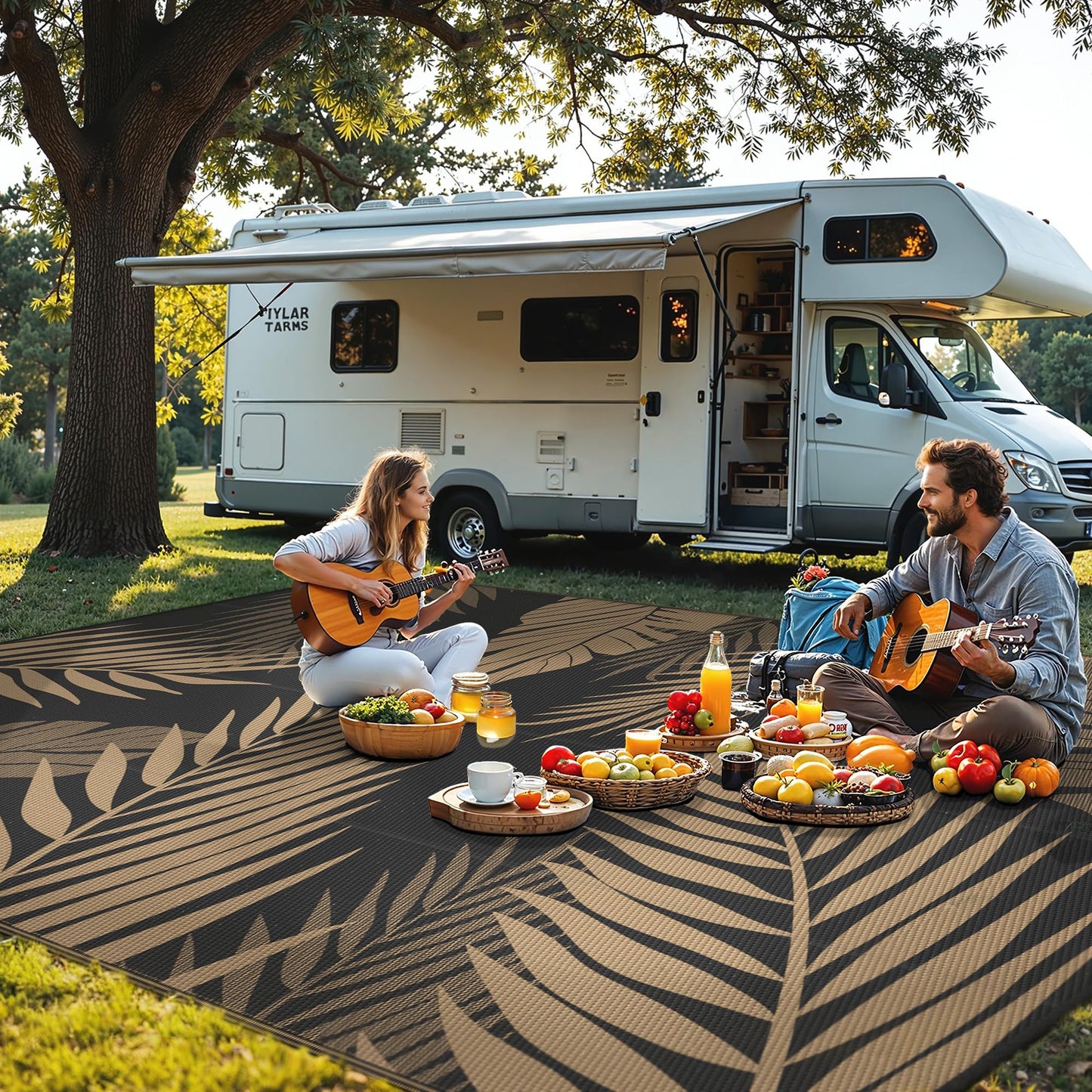 sarben Outdoor Rug 10' x 20' Waterproof for Patios Clearance, Reversible Plastic Straw Indoor Outdoor Rug for RV, Picnic, Backyard, Deck, Balcony, Porch, Beach, Black and Brown