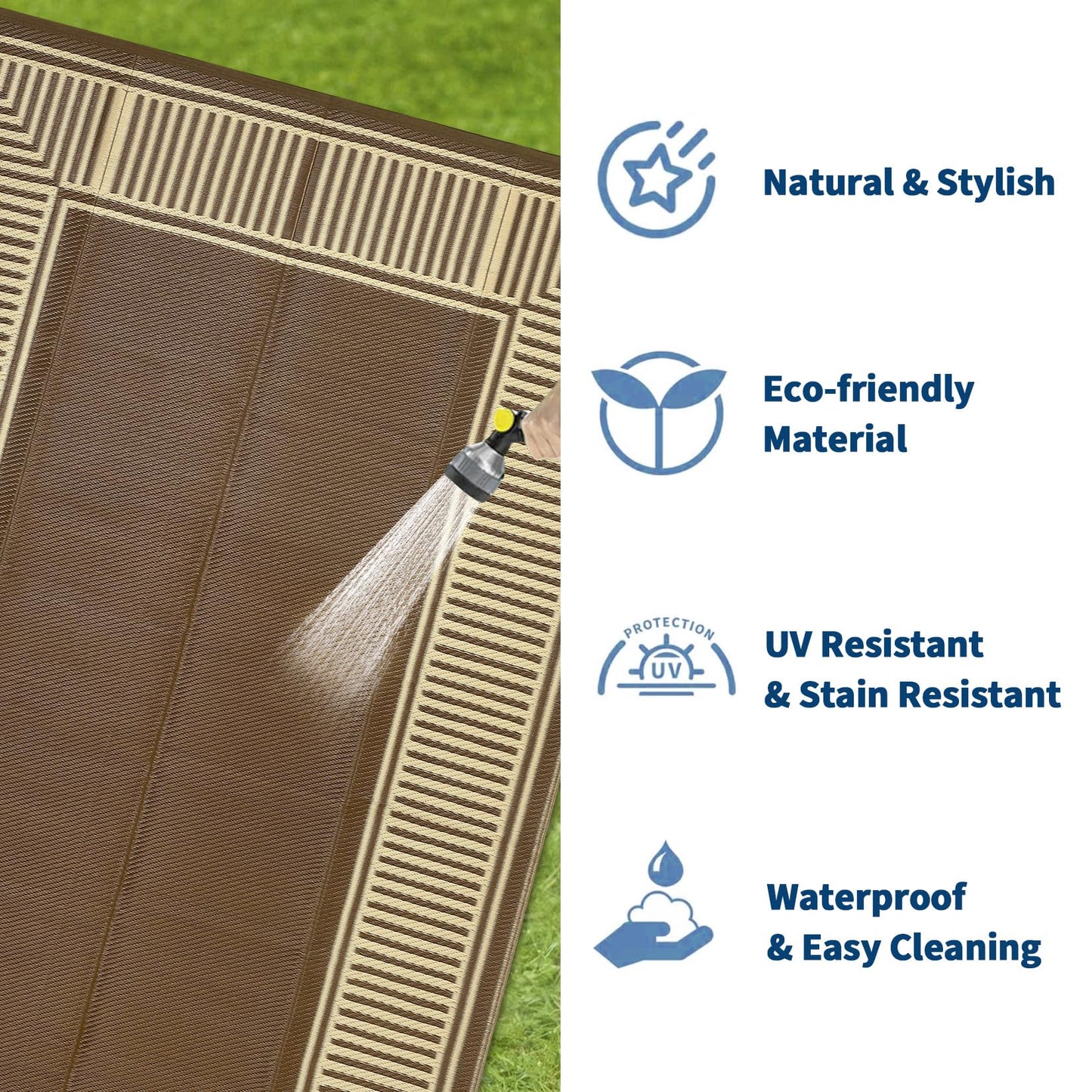 GAOMON 10x20 Waterproof Outdoor Rug Reversible Plastic Straw Rug Patio Camping Rugs, Lightweight UV Resistant RV Mat Foldable Stain Resistant Outside Carpet for Beach, Balcony, Porch,Border-Brown