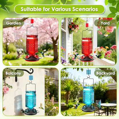 Skiennix 20oz Glass Hummingbird Feeder - Outdoor Hanging Design with Bee Guard & Ant Moat | Red (2 Pack)