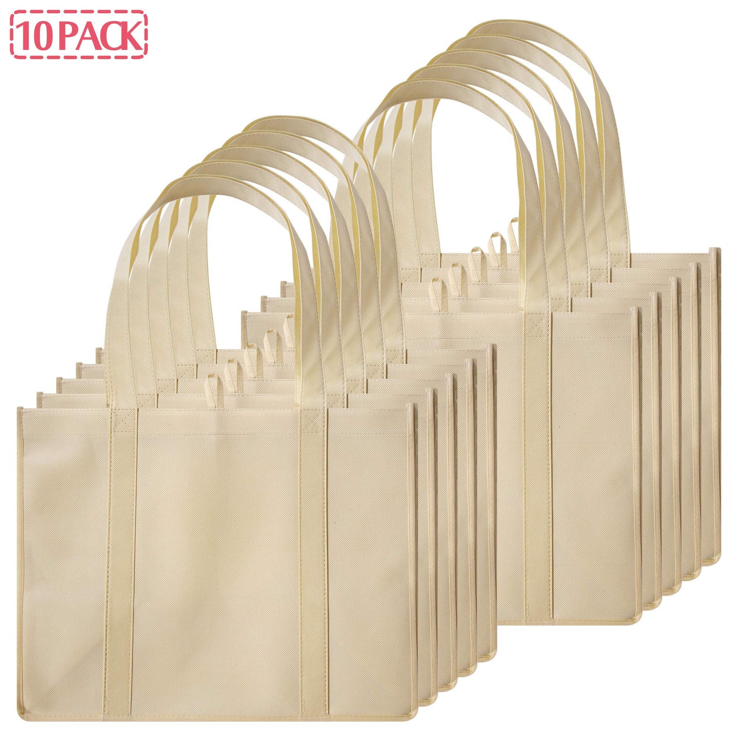 DIOMMELL 10 Pack Reusable Grocery Bags Extra Large Super Strong Heavy Duty Shopping Tote Bags with Reinforced Handles, Beige