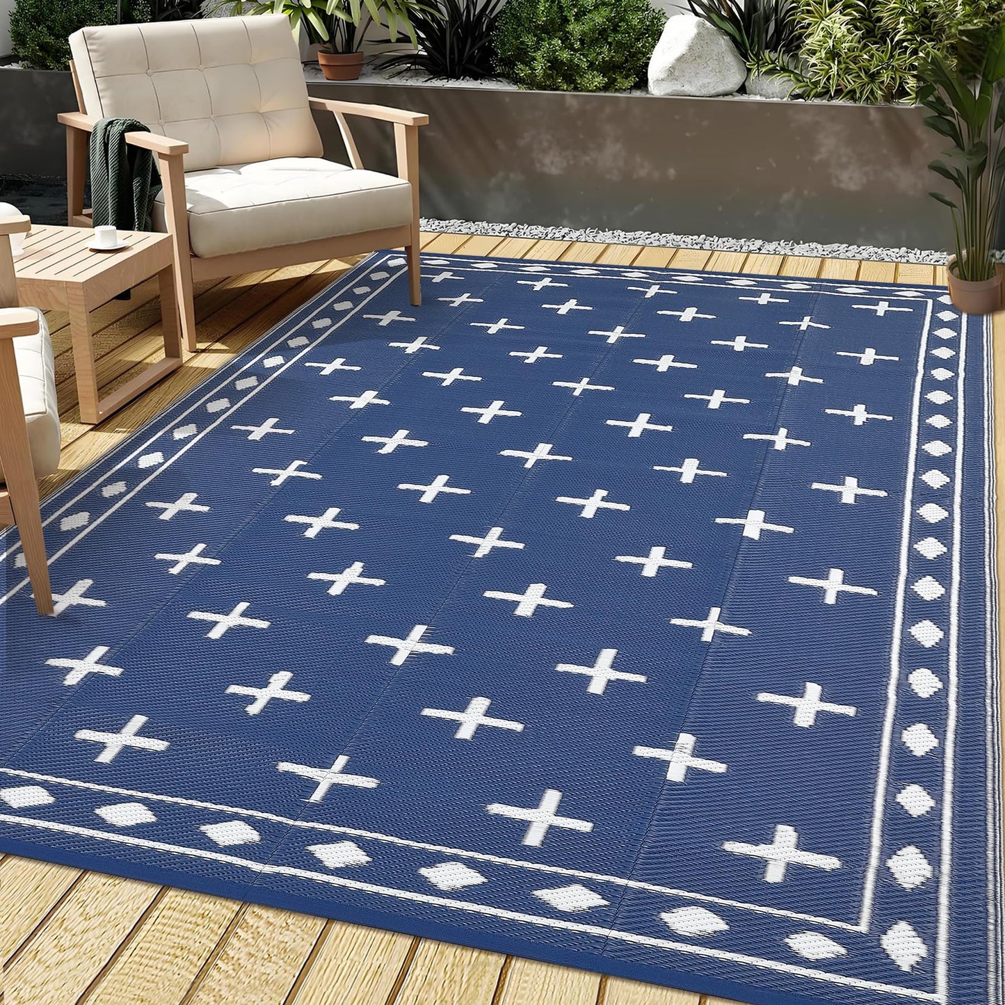 Garvee Large 9x18 Outdoor Area Rug, Waterproof Plastic Straw Mat with Framed Geometric Design for RV Awning, Patio, Deck, Garden, Camping, Beach and Backyard,Dark Blue