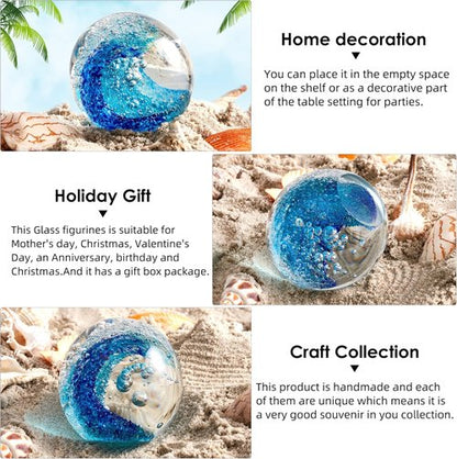 EUSTUMA Hand Blown Glass Figurine - Ocean Waves Paperweight | Unique Home & Office Decor