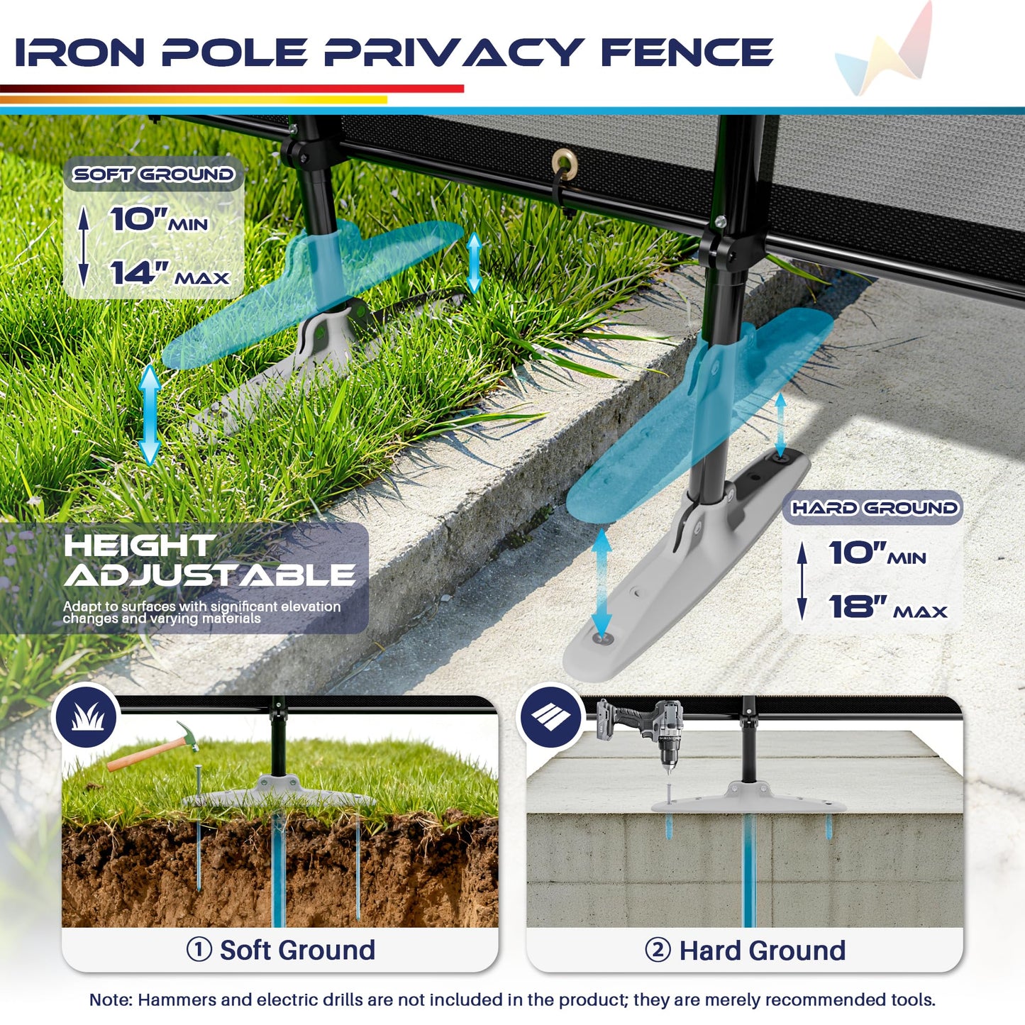 Windscreen4less Outdoor Privacy Fence Screen, 5'x24' Freestanding Privacy Fencing Set with Iron Poles and Ground Spikes, UV Resistant Mesh Cover Garden Pet Fencing for Backyard Patio Pool, Light Gray