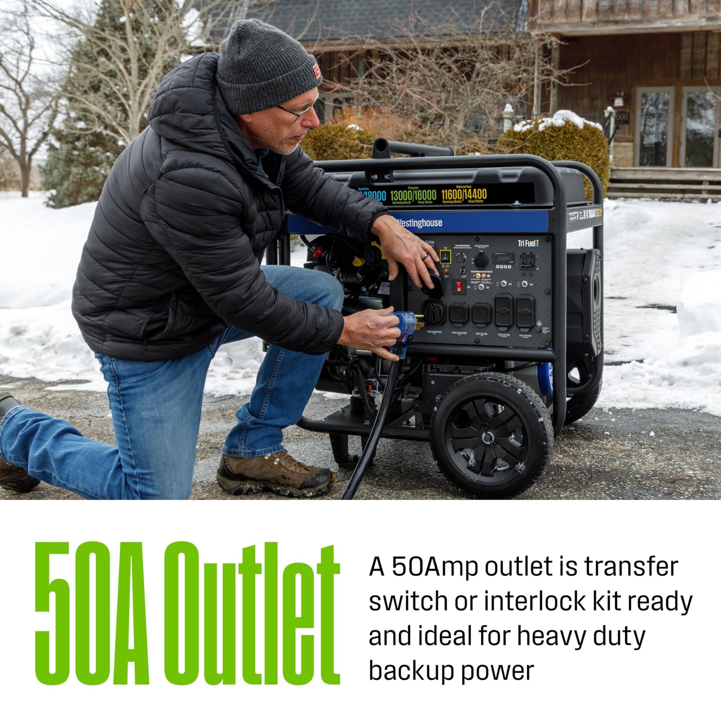 Westinghouse 18000 Peak Watt Tri-Fuel Home Backup Portable Generator, Remote Electric Start, Transfer Switch Ready, Gas, Propane, and Natural Gas Powered, CO Sensor