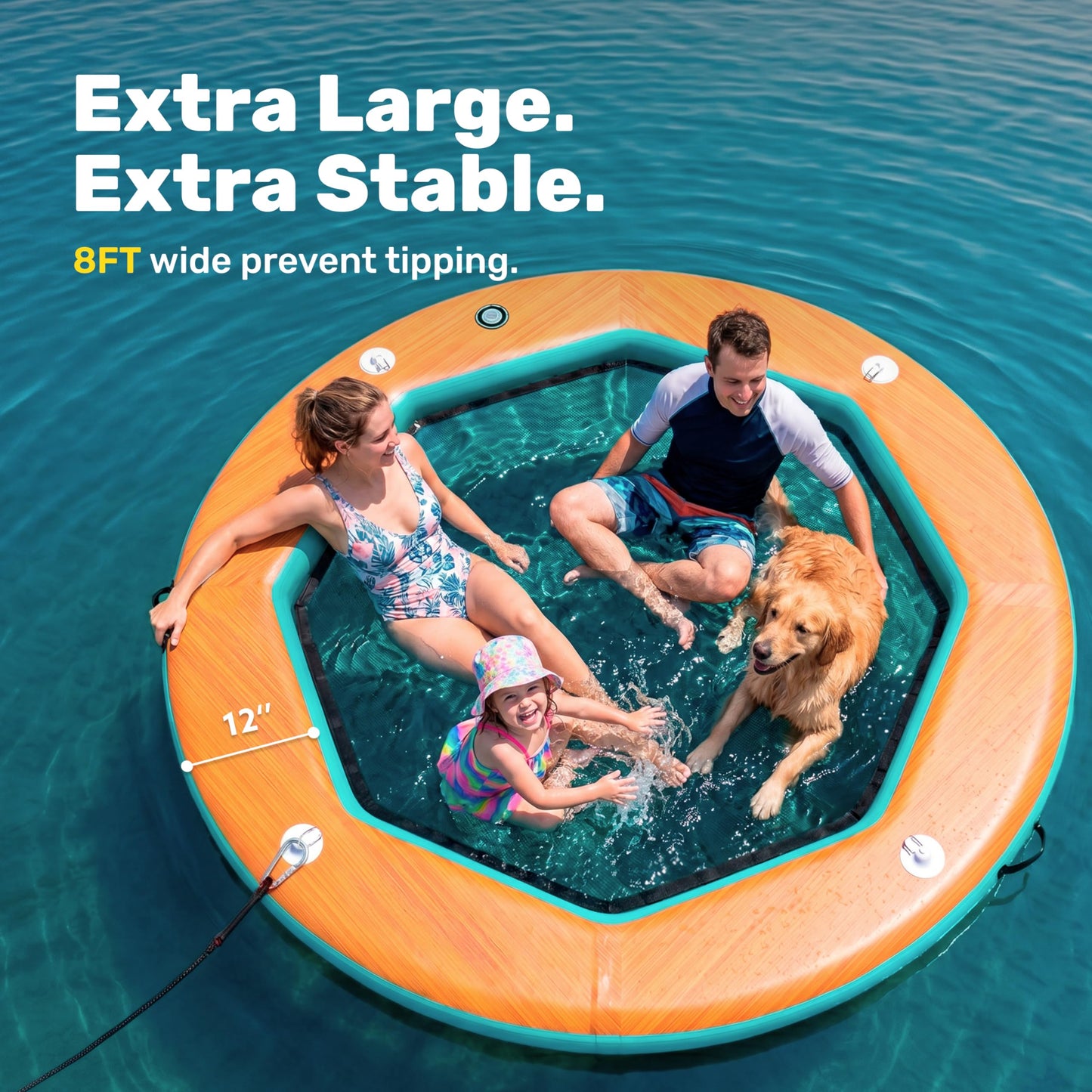 SLOOSH 8FT Inflatable Water Hammock Floating Dock, Sunchill Float Ring with Wood Grain & Mesh Design, Round Floating Dock Platform with Removable Cup Holders for Lake, River, or Boat Party