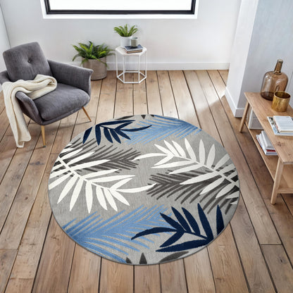 Rugshop Blue Palm Frond Indoor/Outdoor Round Area Rug Easy Cleaning for Patio, Deck and Seating Area, 6' Round