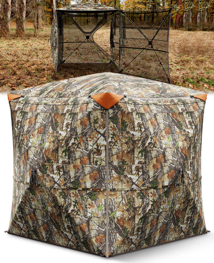 Hunting Blind 360° Silent See Through Blind with Swing Door, 2-3 Person Pop Up Ground Blind with Carrying Bag, Portable Hunting Tent for Deer & Turkey Hunting