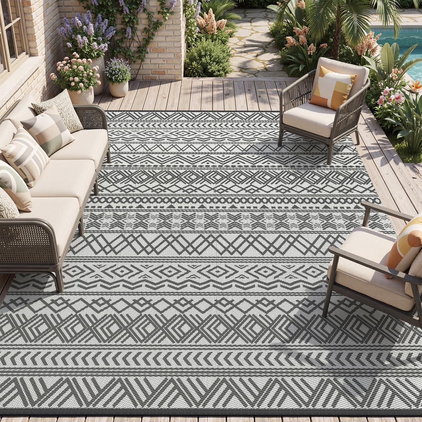 MontVoo Outdoor Rug Carpet Waterproof 10x14 Outdoor Patio Rug Mat Reverisble Plastic Straw Outdoor Rugs for RV Camping Picnic Beach Balcony Boho Grey Large