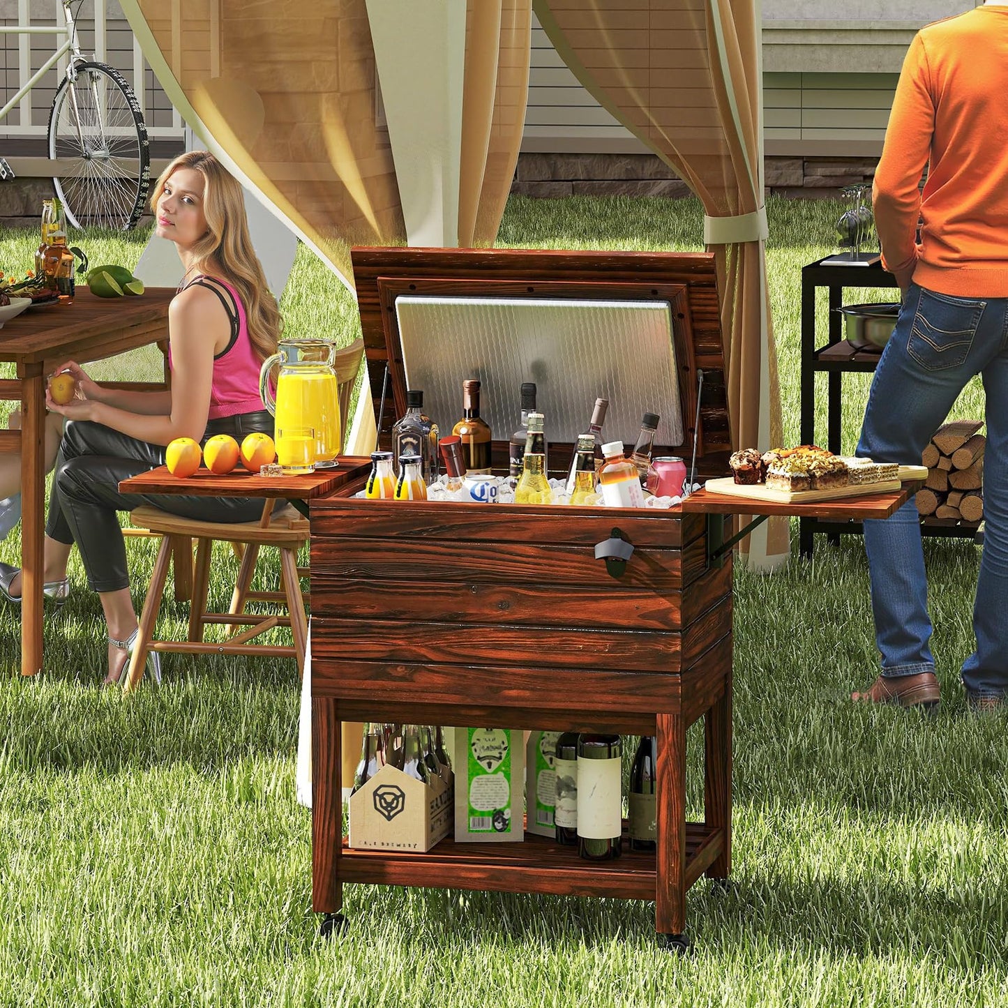 SPORFIT 54 Quart Rolling Patio Cooler Cart, Pine Wood Ice Chest Bar Cart with Drain, Fold Down Shelves & Bottle Opener, Outdoor Beverage Cooler Cart on Wheels for Parties Backyard Poolside Deck