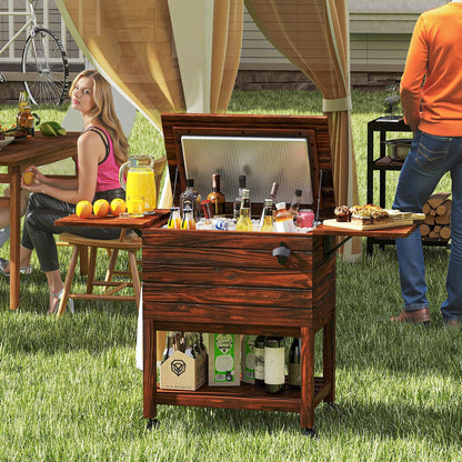 SPORFIT 54 Quart Rolling Patio Cooler Cart, Pine Wood Ice Chest Bar Cart with Drain, Fold Down Shelves & Bottle Opener, Outdoor Beverage Cooler Cart on Wheels for Parties Backyard Poolside Deck