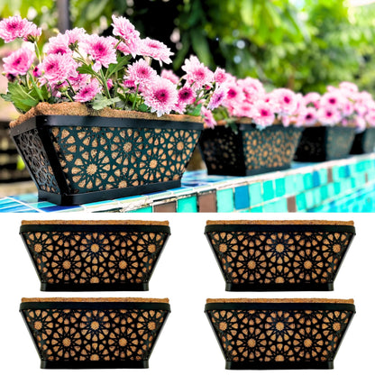 LaLaGreen Window Boxes Planters for Outdoor Plants (12 Inch, 4 Pack) Small and Cute Black Metal Fence Hanging Flower Box Basket with Coco Liner Unique Horse Troughs Balcony Garden Pot Patio Porch Rail