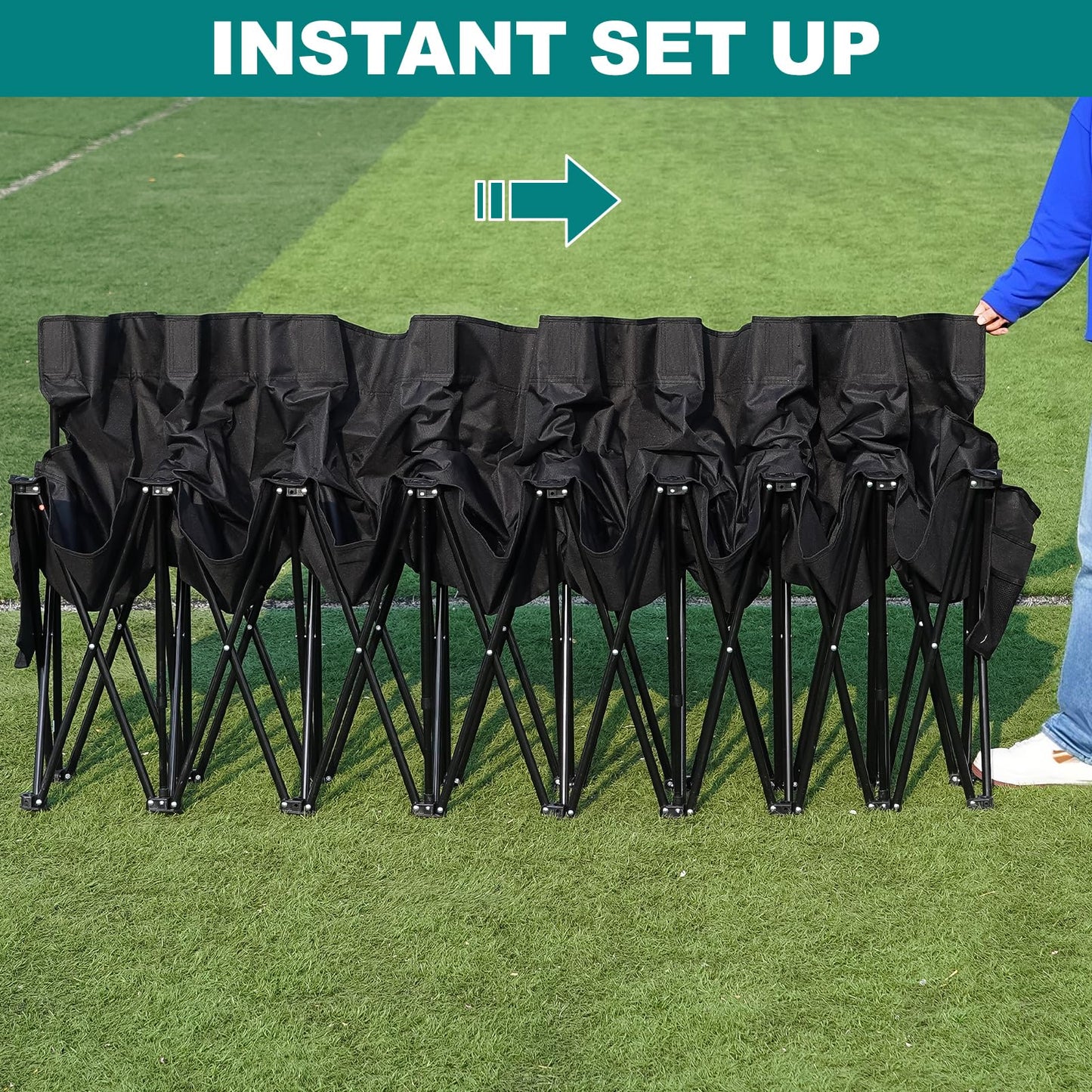 1MORE Soccer Bench - Portable Folding Team Bench, 8 Seats Foldable Sideline Benches, Soccer Chair with Bag & Backrest, Adult Team Chair for Football Camp Sport Events Outdoor Seating.Black