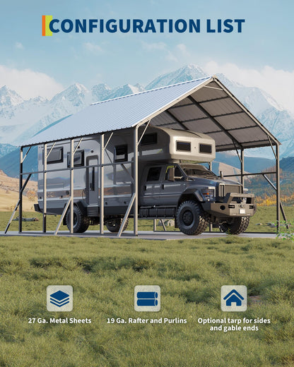Garvee 20x20 ft Metal Carport Kit, 120° Steep-Pitch Vertical Roof for Snow Shedding, 173" High-Clearance RV & Tractor Shelter, Heavy-Duty 2 Cars Car Port with Reinforced Frame