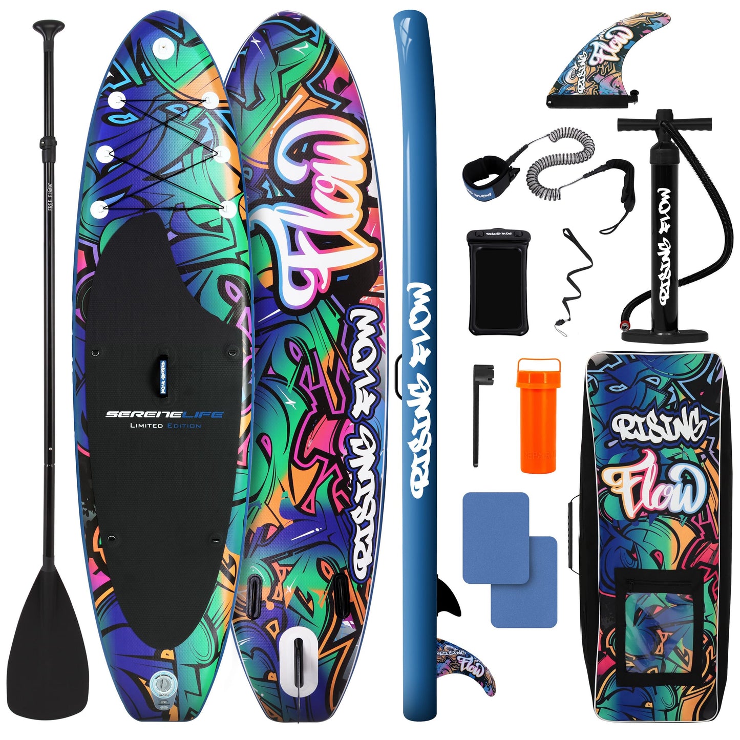 SereneLife 10’6” Inflatable Stand Up Paddle Board with Premium SUP Accessories - 32” Wide Stable Design with Non-Slip EVA Deck Pad, for Youth and Adults, 350 lbs. Capacity