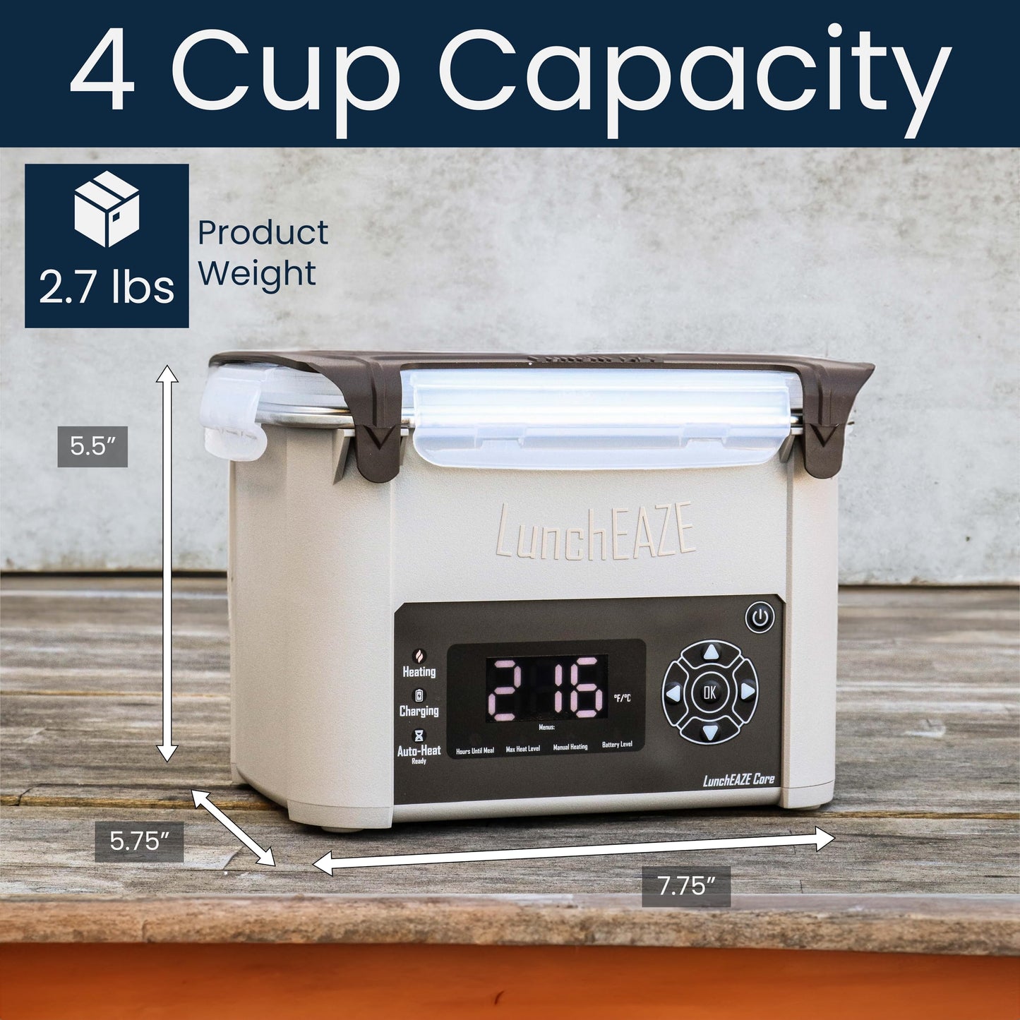 LunchEAZE Core Gen 2 Cordless Heated & Electric Lunch Box – Battery-Powered, 4-Cup Capacity, 220°F, Automatic Scheduled Heating for Hot Meals Anywhere