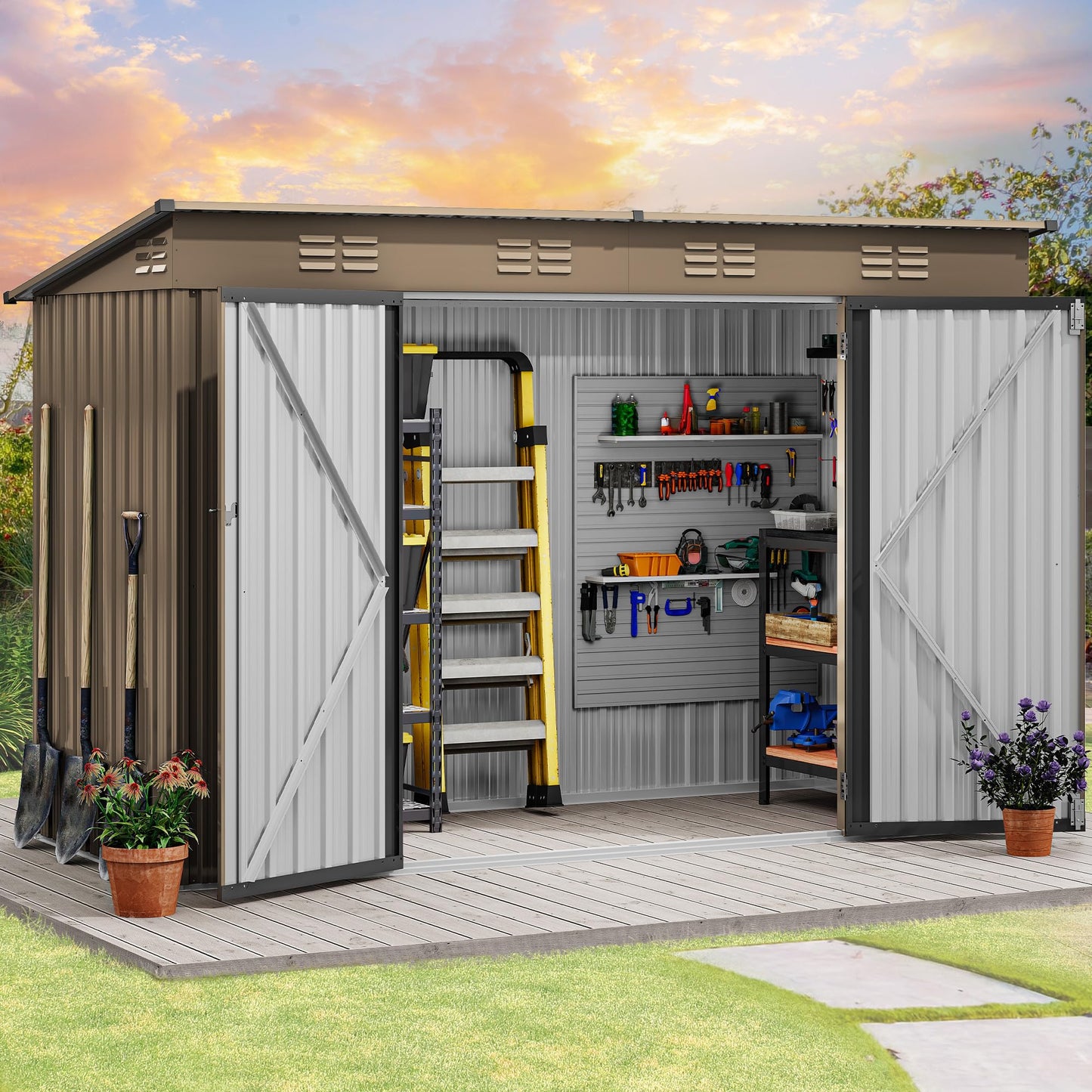DWVO 9' x 4' Outdoor Storage Shed, Large Metal Tool Sheds, Heavy Duty Storage House with Lockable Doors & Air Vent for Backyard Patio Lawn to Store Bikes, Tools, Lawnmowers, Brown