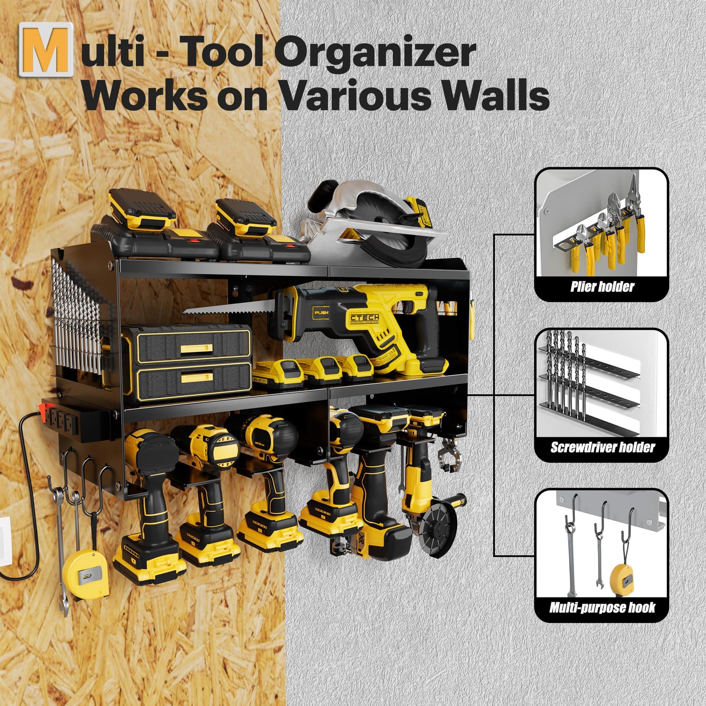 Spampur Power Tool Organizer Wall Mount with Charging Station, 3 Layer Heavy Duty Metal Tool Storage Rack Loads 4200lbs with 6 Cordless Drill Holder, Tool Storage Rack with 4 Outlet Power Strip