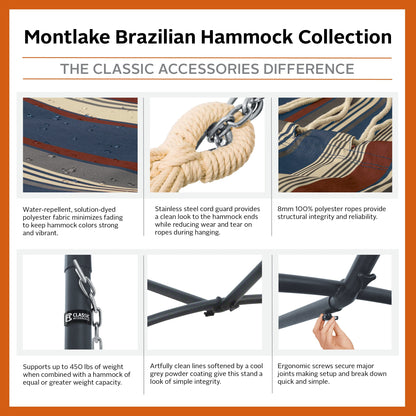 Classic Accessories Montlake Fadesafe Brazilian Hammock with Steel Stand, Heather Indigo Blue Multi-Stripe
