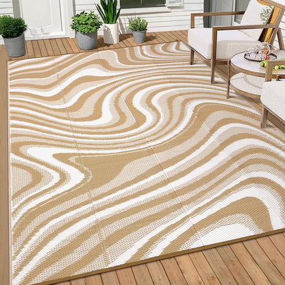 MilleLoom 10x20 Large Outdoor Patio Rug Modern Abstarct Plastic Straw Outdoor Rugs Waterproof Foldable UV Resistant Camping Reversible Mats for Deck, Camper, Balcony, Beach, Rv，Brown/Coffee/White