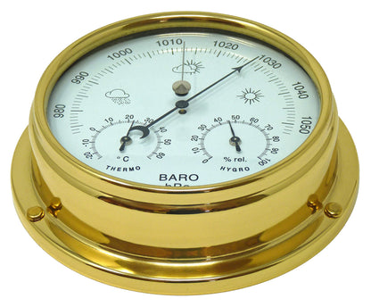 Tabic Handcrafted Brass Barometer with Built-in Hygrometer, Thermometer and Nautical Clock - Sailing Ship Yacht, Marine Coastal Decor - Lacquered Brass (1/2 kg) - Temperature and Humidity Reading