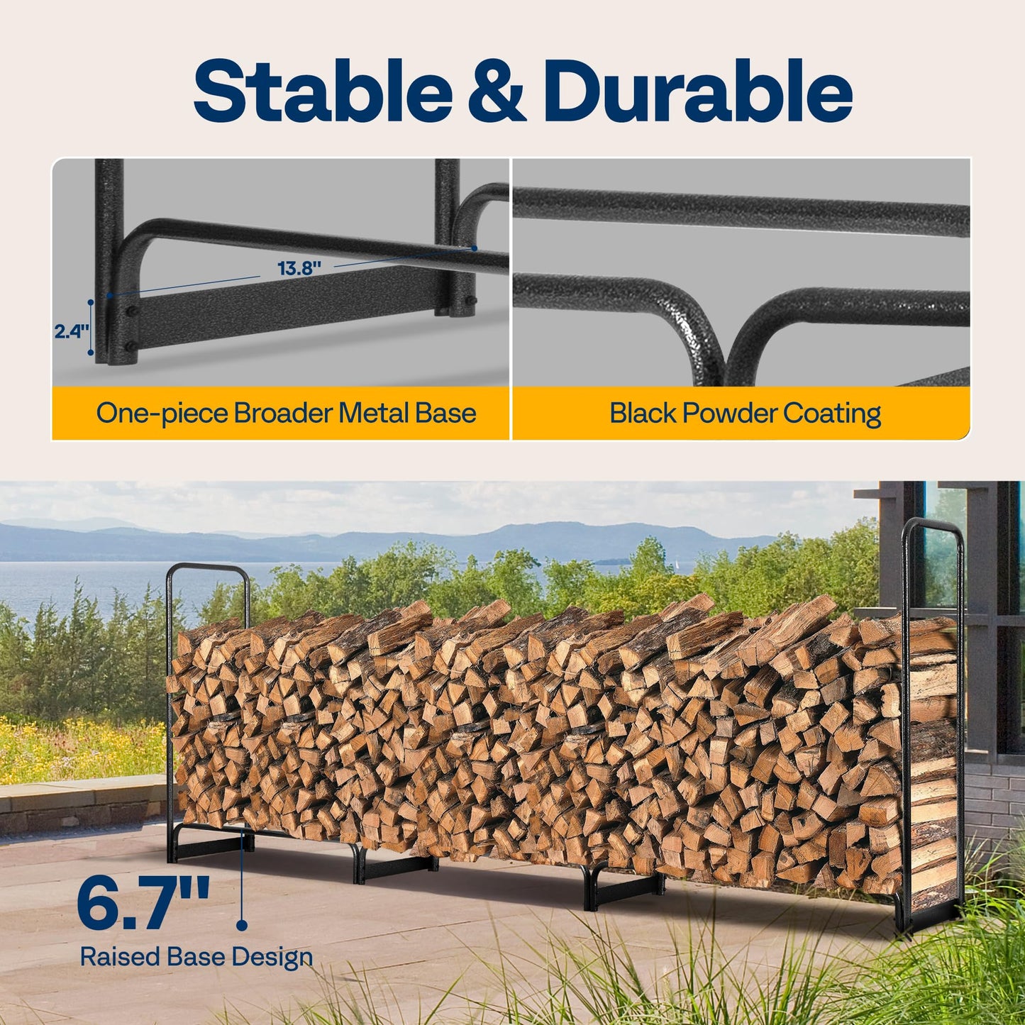 VIVOHOME 12 ft Heavy Duty Firewood Rack Outdoor with Cover, Fire Wood Storage Rack, Log Holder and Cover Combo Set with Zipper, Black