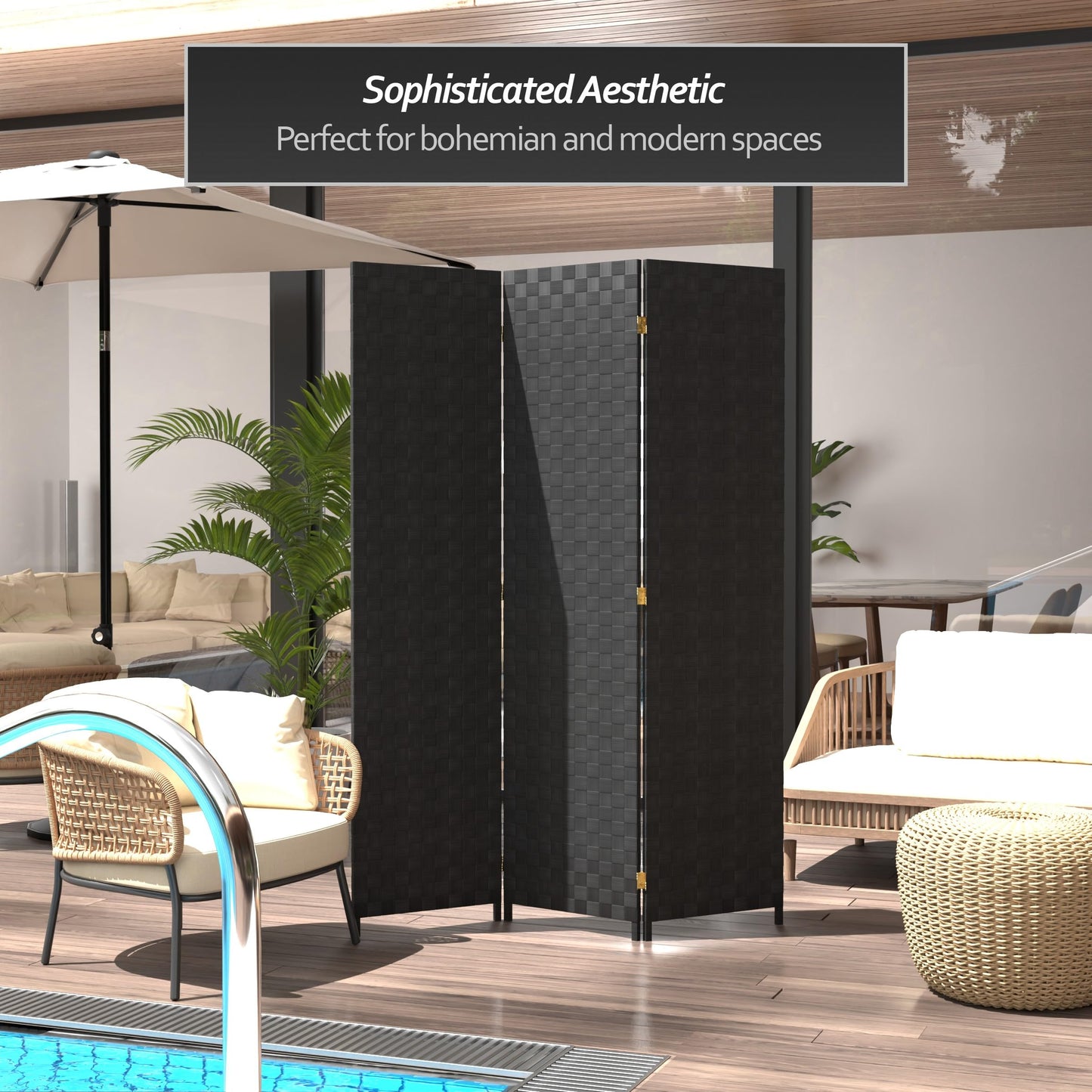 Red Lantern 6 ft. Tall Woven Fiber Outdoor All Weather Room Divider - 3 Panel - Black