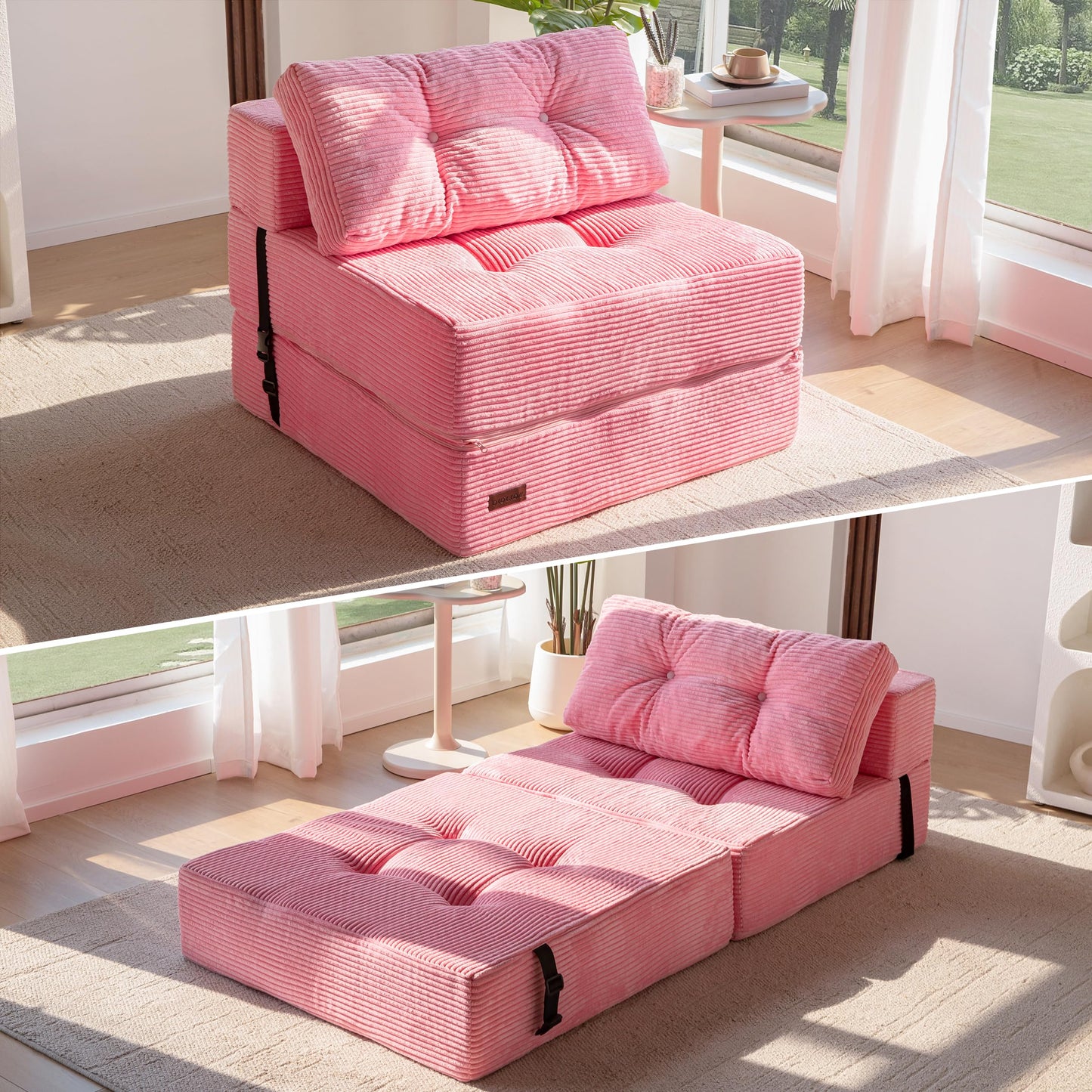 MAXYOYO Folding Sofa Bed, Convertible Sofa Bed with High-Density Support Foam, Portable 4 in 1 Fold Out Chair to Floor Lounger, Versatile Floor Couch for Living Room Bedroom, Pink