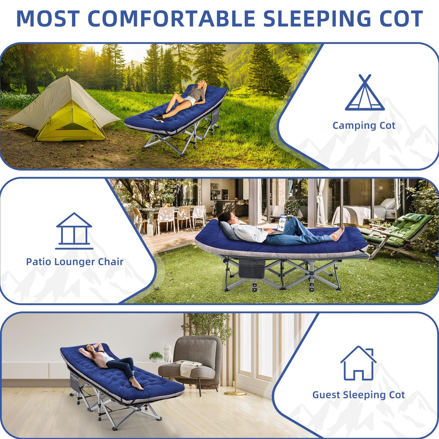 Fragess Camping Cot, Sleeping Cots, Portable Camping cots with Cushion, Pillow and Carry Bag, 1200D Double Layer Oxford, 600 LBS Weight Capacity Cots for Sleeping (Blue)