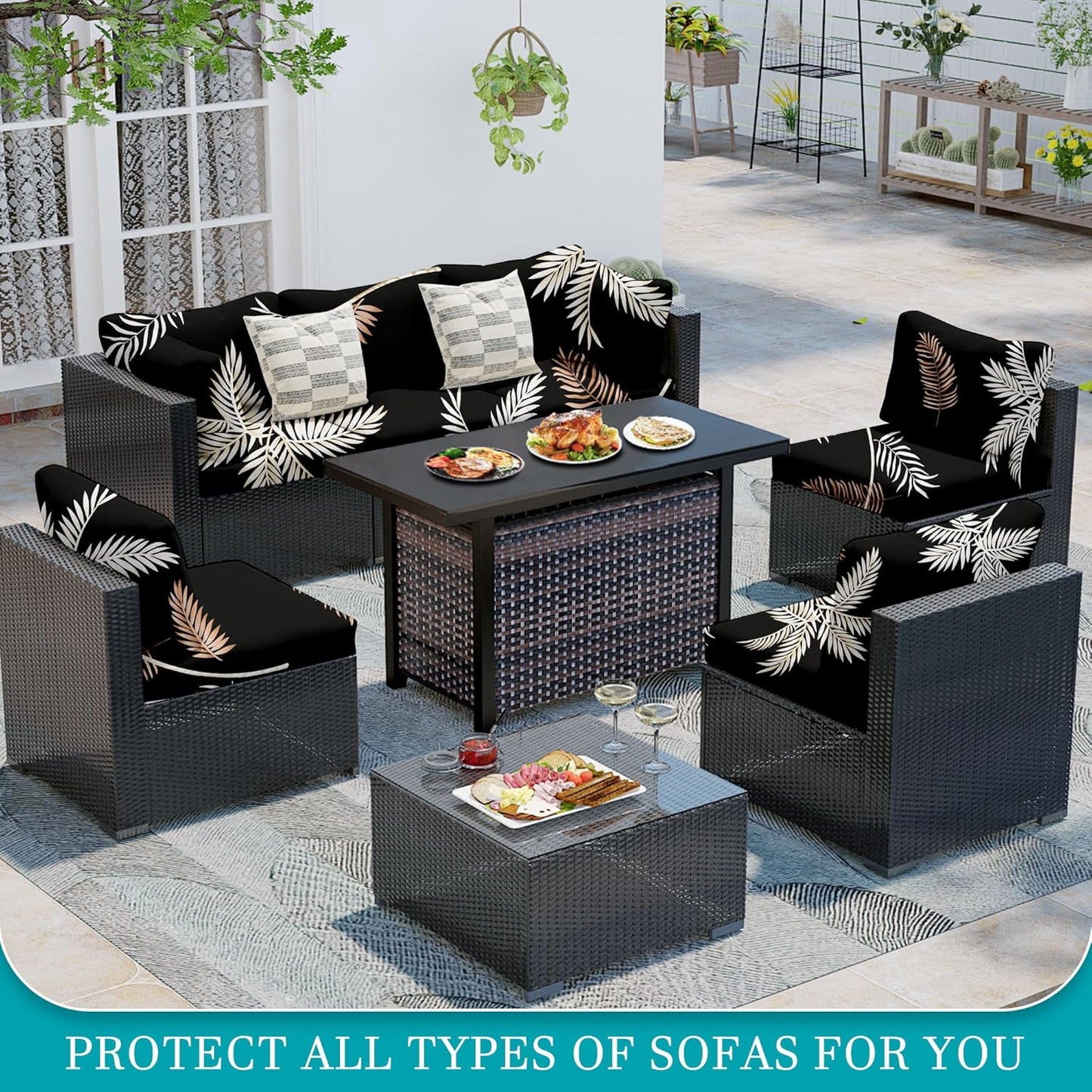 Skiennix 14-Piece Stretch Patio Cushion Covers - Washable Outdoor Couch Slipcovers | Coconut Trees Design