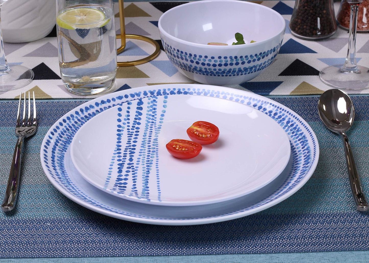 Melamine Dinnerware Sets, 12Pcs Plates and Bowls Sets Dinnerware Sets for 4, Unbreakable Dish Set for Indoor and Outdoor Use, Dishwasher Safe Raindrops Design