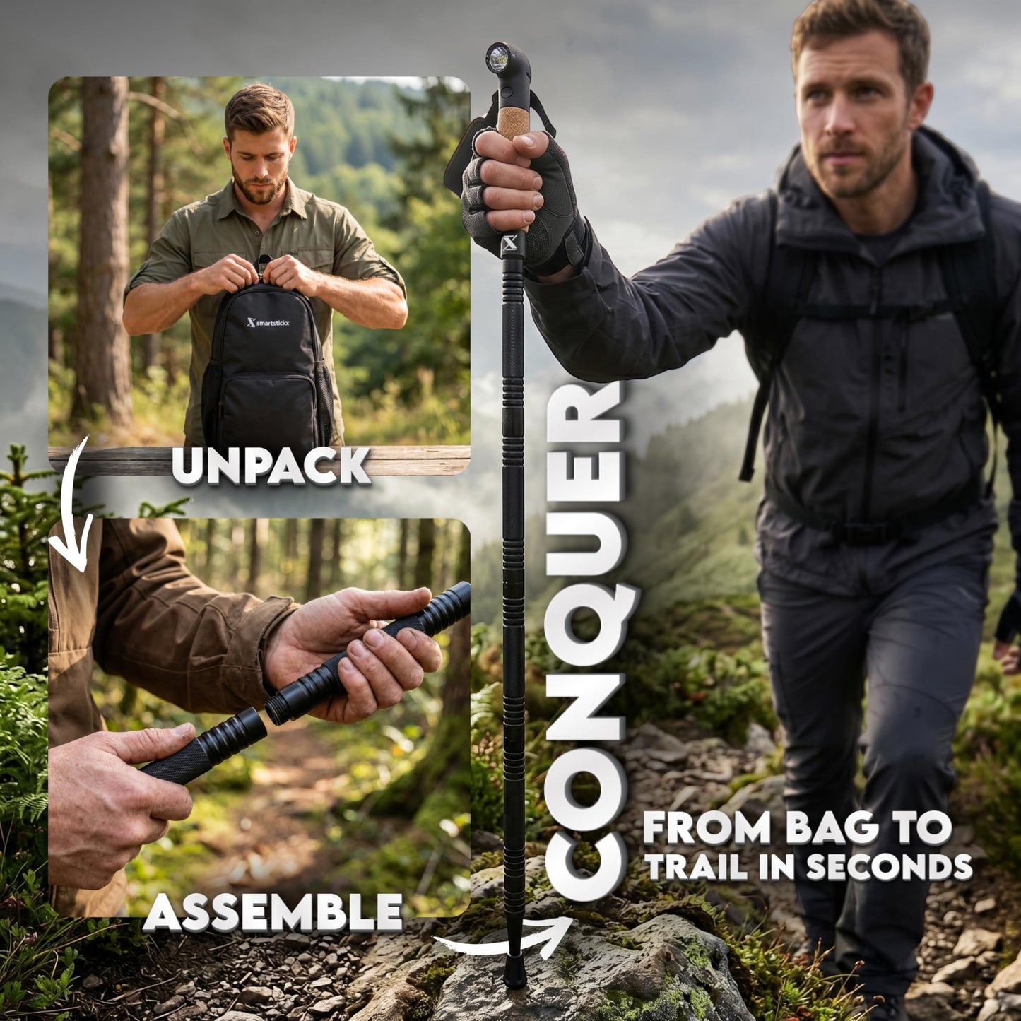 SmartstickX Collapsible Tactical Walking Stick with LED Light, USB Charging, Cork Grip, and Heavy-Duty Survival Tools – Aircraft Aluminum Trekking Pole for Hiking, Camping, Outdoors